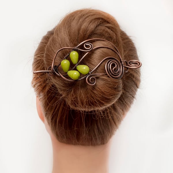 Leaf Green Quartz Hair Brooch in Antique Copper – Handmade Nature Inspired Hair 