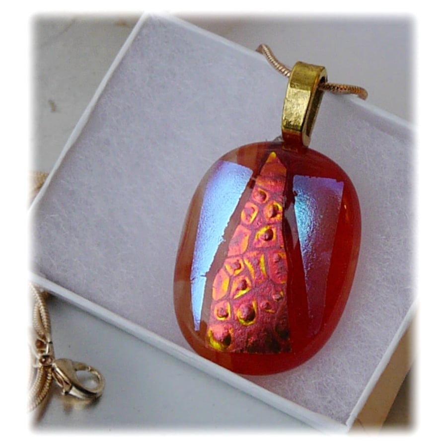 Dichroic Glass Pendant 075 Red Streak Triangle Handmade with gold plated chain