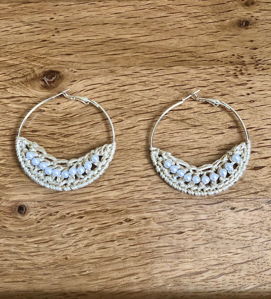 Hello June...silver plated hoop earrings with crochet and pearl design.
