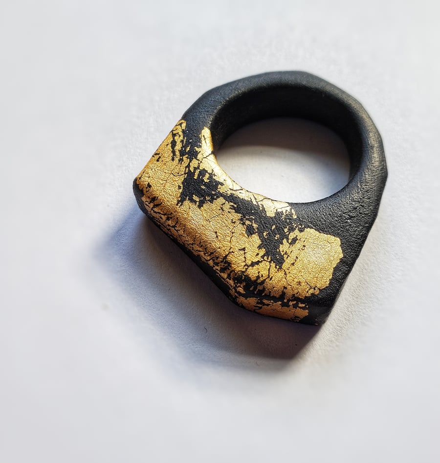 Wabi Sabi Black and Gold distressed statement ring size P