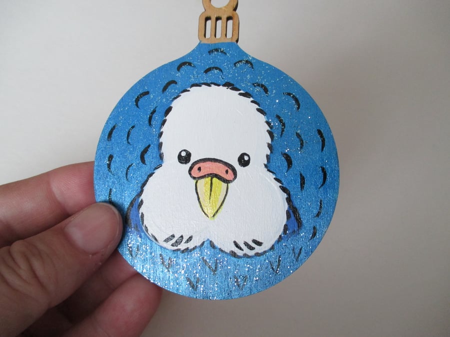 1x Bright Blue White Budgie Budgerigar Bird 2D Christmas Tree Bauble Decoration