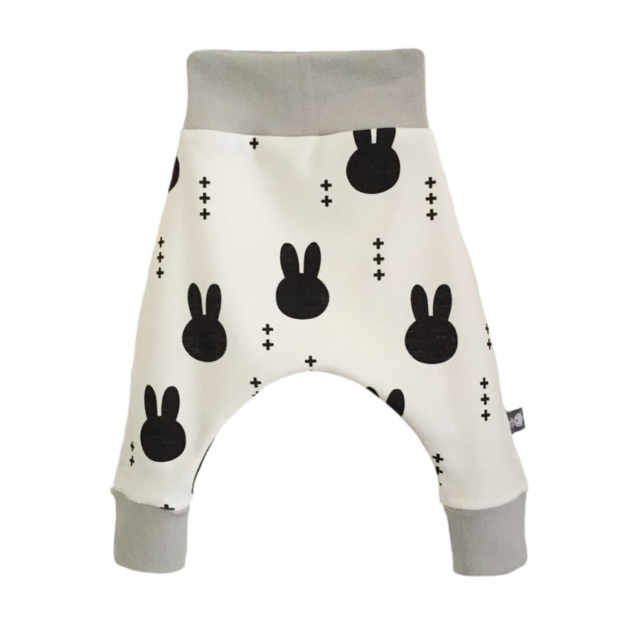 ORGANIC Baby HAREM PANTS Relaxed Trousers B&W BUNNY HEADS New Baby Gift Idea