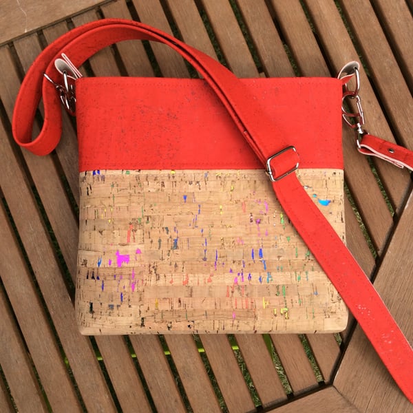 Cork fabric shoulder bag, cross body bag. Red & natural with multicolour flecks.