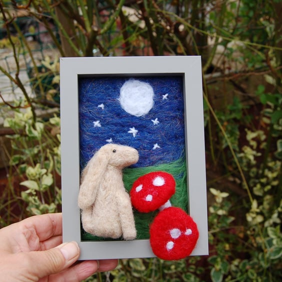  Moon gazing hare - Textile art nursery picture - needle felt,  Wool Sculpture