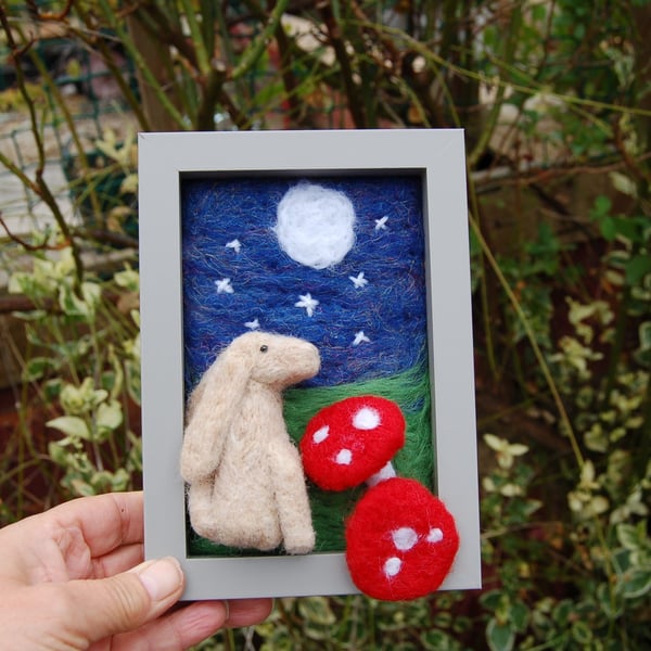  Moon gazing hare - nursery picture - needle felt, wool decoration - 