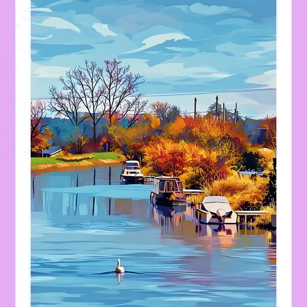 Swan & Boats Norfolk Fen Greeting Card A5 Size 