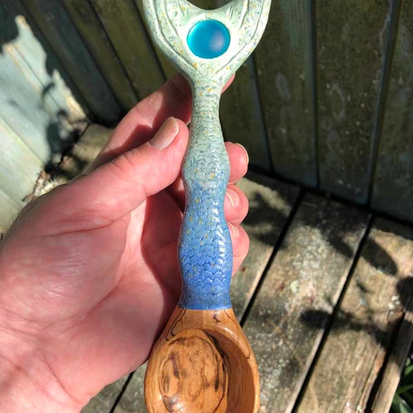 Mermaid Serving Spoon with Blue-Green Carved Design & Lucite Cabochon