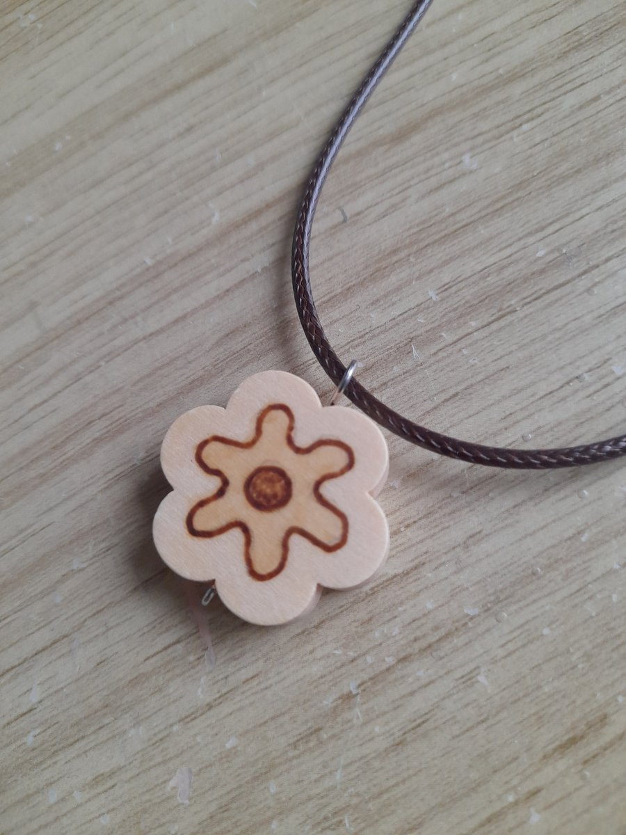 Pyrography Daisy Pendant Necklace: Wooden Flower, Waxed Cord necklace.