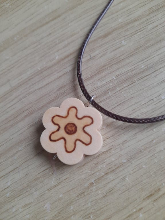 Pyrography Daisy Pendant Necklace: Wooden Flower, Waxed Cord necklace.