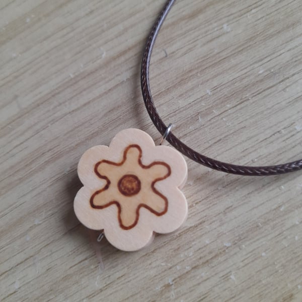 Pyrography Daisy Pendant Necklace: Wooden Flower, Waxed Cord necklace.