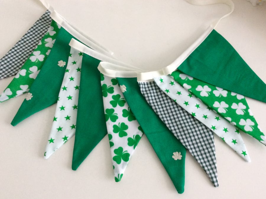 St Patrick's Day bunting, all greens with shamrocks, 12 flags 9ft long with ties
