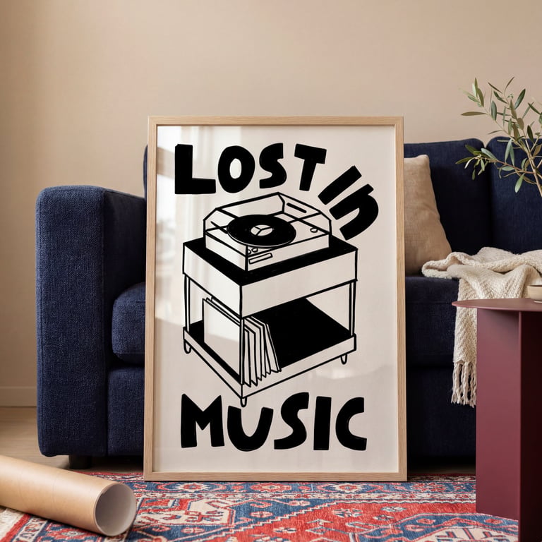Lost In Music Retro Record Player Music Print, Vinyl Wall Art