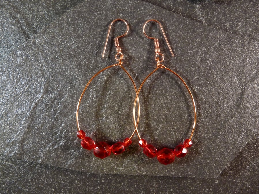 Large Hoop Earrings - Red Faceted Glass - 40mm - Copper 