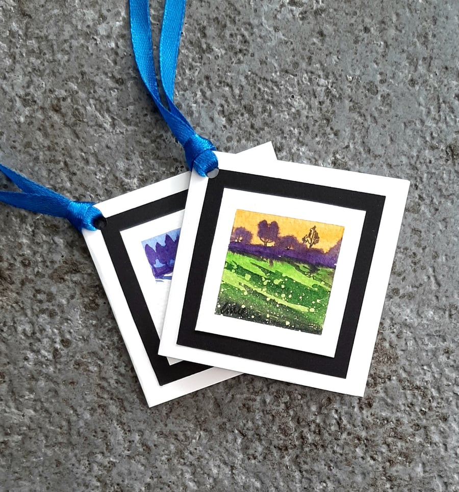 Handpainted Gift Tags. Pack Of Two. Card Style. Floral And Landscape