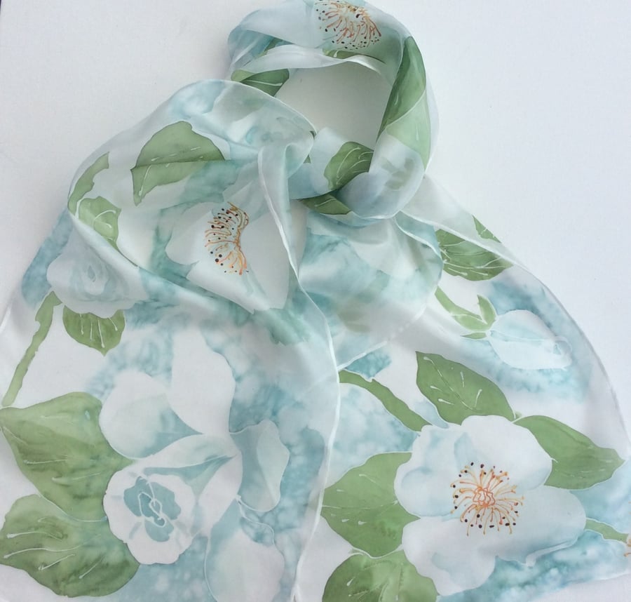 White Roses hand painted silk scarf