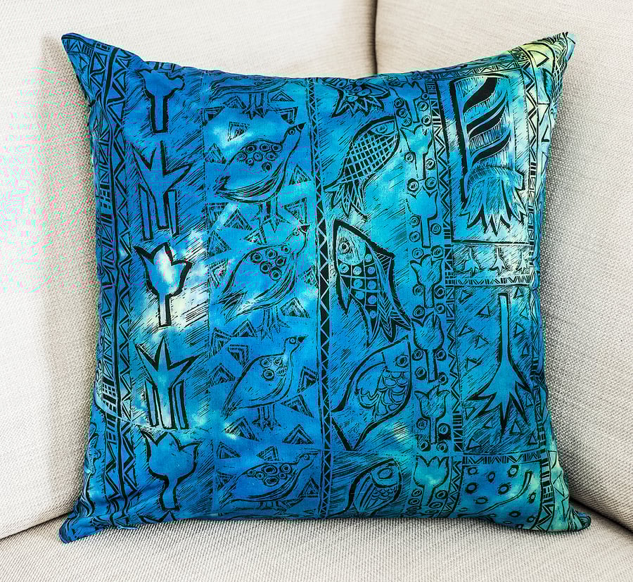 African cushion cover screen printed hand-dyed ethnic fabric design birds fish