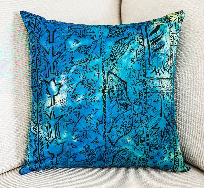 African cushion cover screen printed hand-dyed ethnic fabric design birds fish