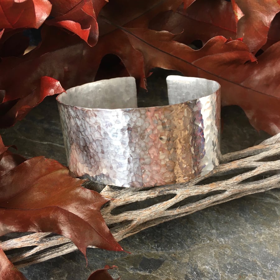 Sterling silver wide cuff bracelet - hammered silver cuff - hallmarked