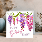 Wisteria Pink and Purple Floral card can be personalised for any occasion.