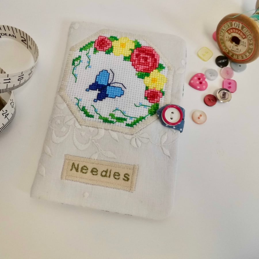 SOLD Sewing needle case white with butterfly cross stitch embroidery