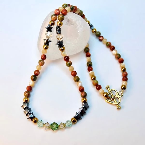 Mixed Gemstone Necklace With Hematite Stars And Swarovski Crystals - Free UK P&P