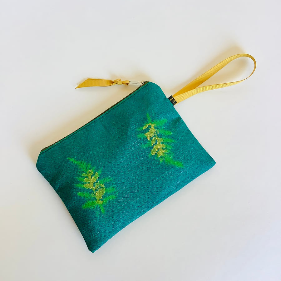 Fern Print Linen Zip-Up Pouch; Makeup Bag; Hand printed Purse 