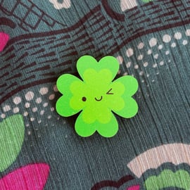 Lucky Clover Kawaii Wooden Pin or Brooch