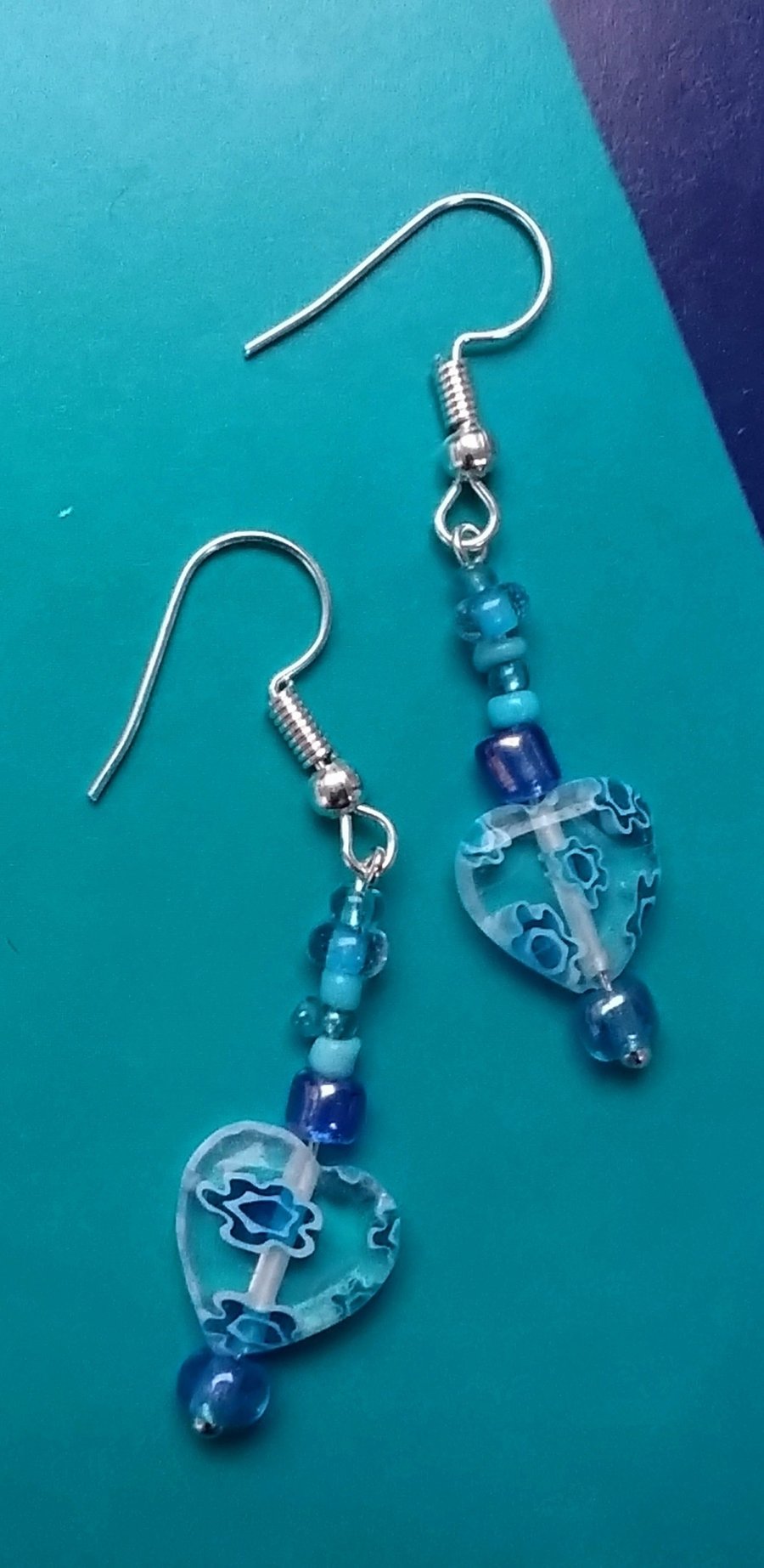 Beautiful Blue Millefiori Glass Heart Earrings