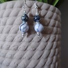 Earrings Pearl Marbled Black Diamante detail Dangle drop 4.5cm