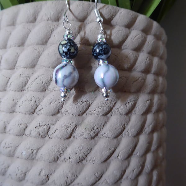 Earrings Pearl Marbled Black Diamante detail Dangle drop 4.5cm