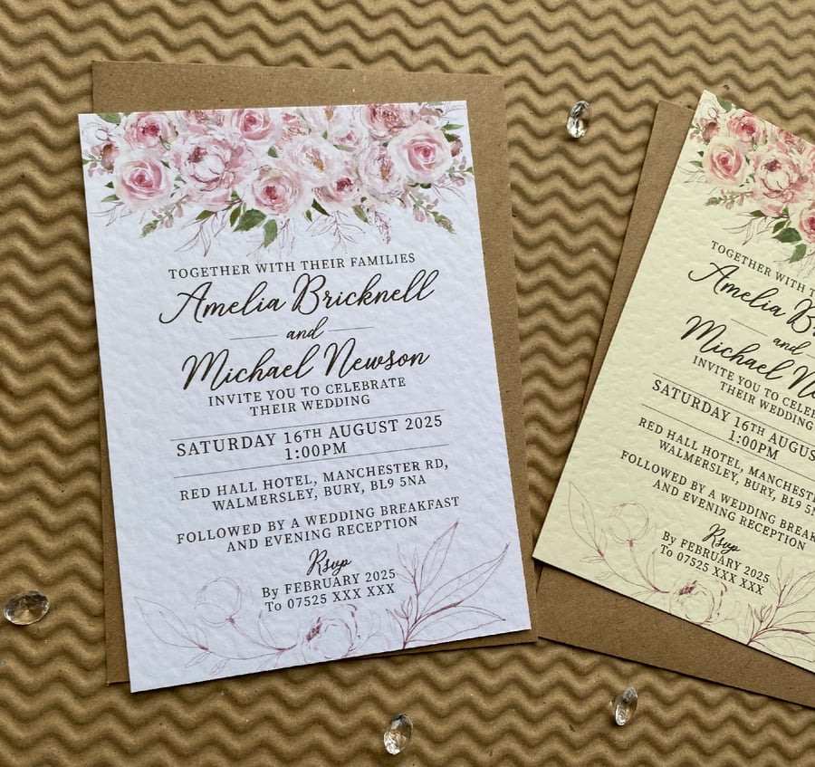10 wedding INVITES pink PEONIES roses cards dusky blush rustic invitations