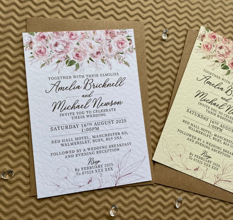 10 wedding INVITES pink PEONIES roses cards dusky blush rustic invitations