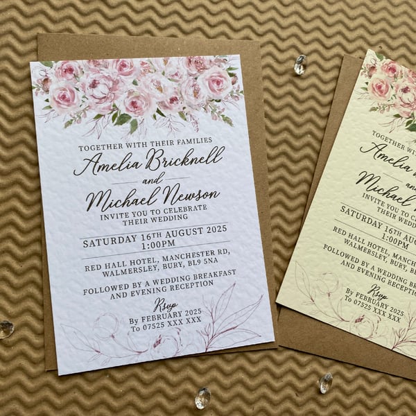 10 wedding INVITES pink PEONIES roses cards dusky blush rustic invitations