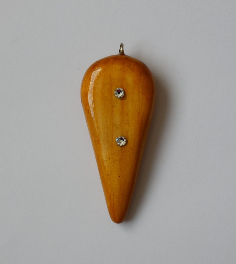 Eco Friendly Wooden Inverted Teardrop Pendant Necklace with Two Crystals