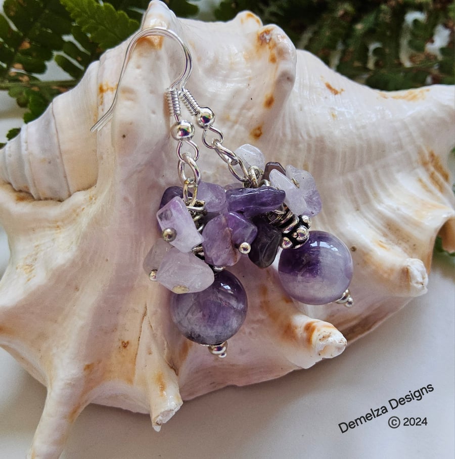 Amethyst Cluster Drop Tibetan Silver & Silver Plate Earrings
