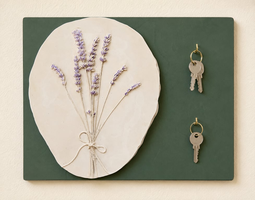 Wall Key Holder with Brass Hooks – Lavender Plaster Relief on Sage Green Wood