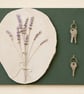 Wall Key Holder with Brass Hooks – Lavender Plaster Relief on Sage Green Wood