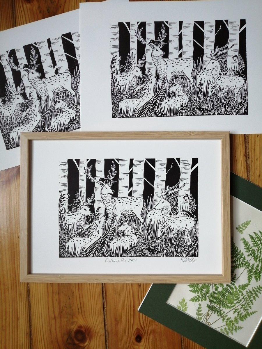 Fallow in the Ferns original lino print