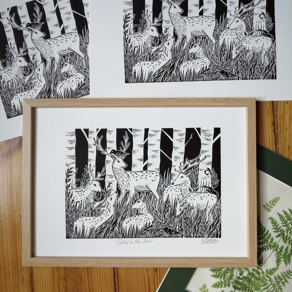 Fallow in the Ferns original lino print