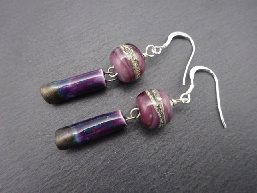 purple lampwork glass and ceramic earrings