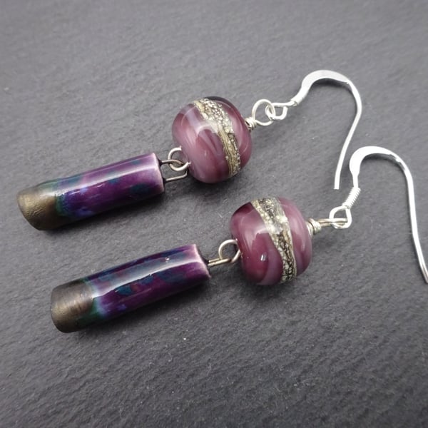 purple lampwork glass and ceramic earrings