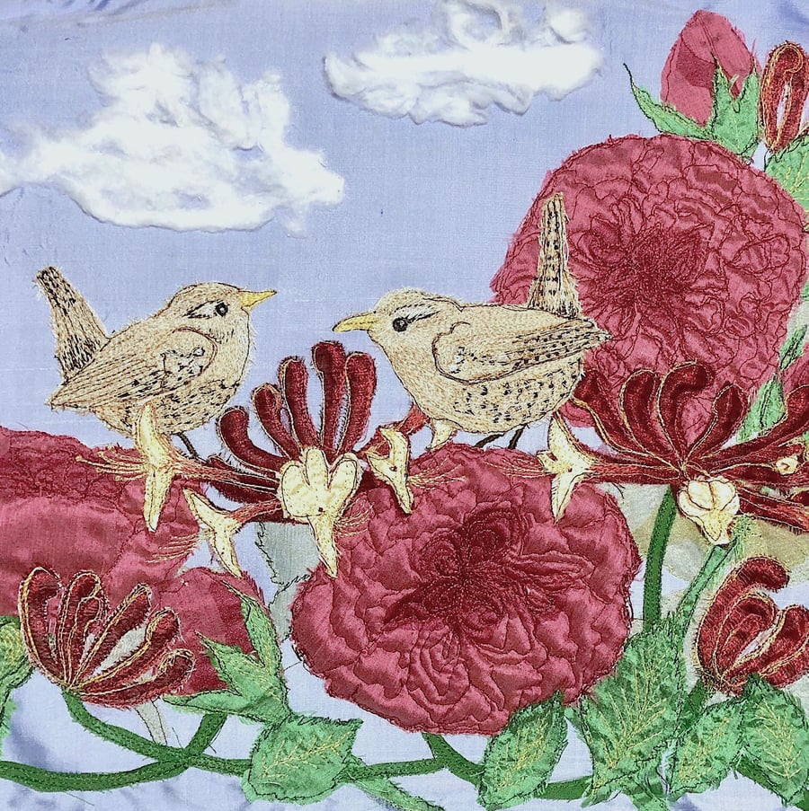 Roses, Honeysuckle and Wren Textile silk artwork