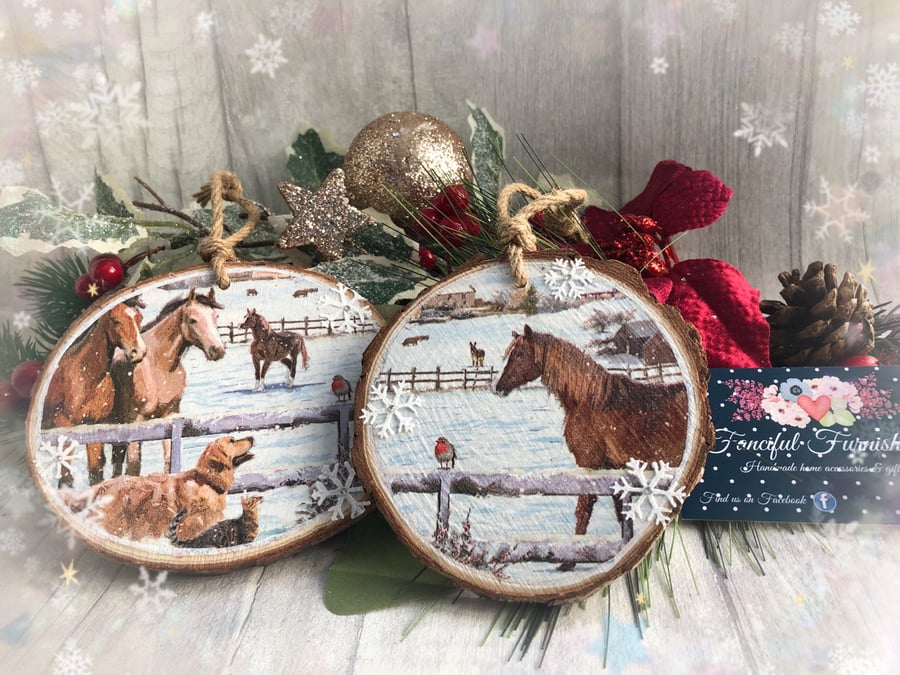 Horses in the snow rustic log slice Christmas tree decoration, set of 2 