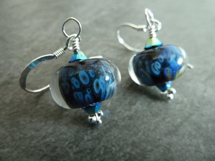 sterling silver, black and blue lampwork glass earrings