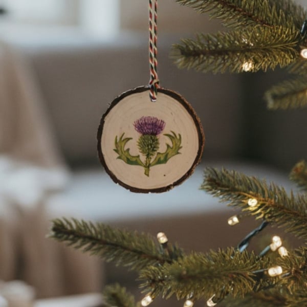 Scottish Thistle Round Wooden Christmas Decoration Tree Ornament