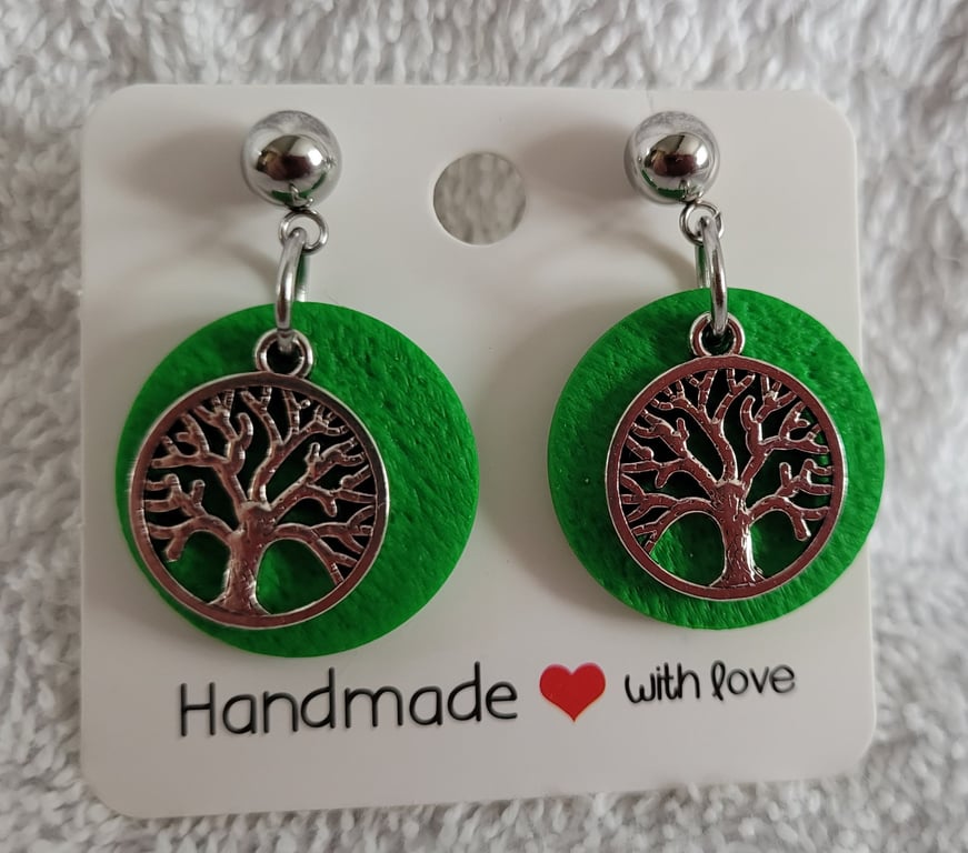 Handmade Polymer Clay Green Tree of Life Earrings, 316 Surgical Stainless Posts