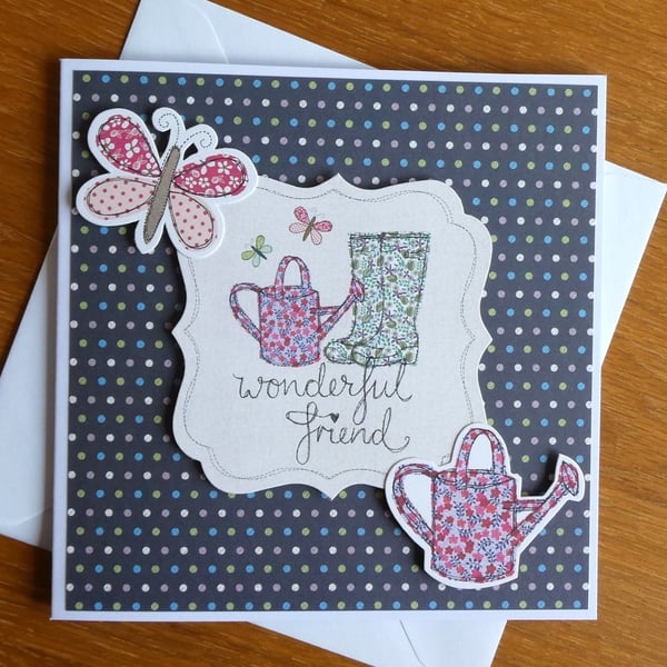 Wonderful Friend Card - Watering Can and Wellingtons - Blue