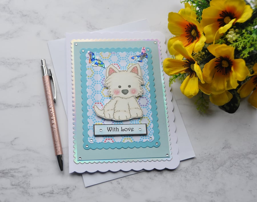 White Westie Puppy Dog Butterflies With Love 3D Luxury Handmade Card