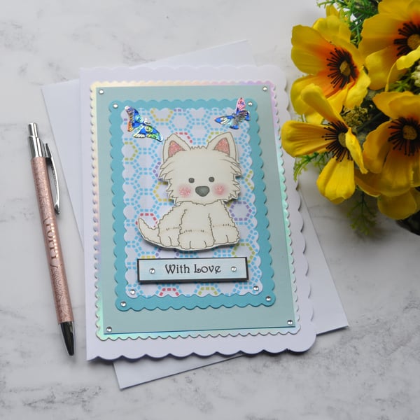 White Westie Puppy Dog Butterflies With Love 3D Luxury Handmade Card
