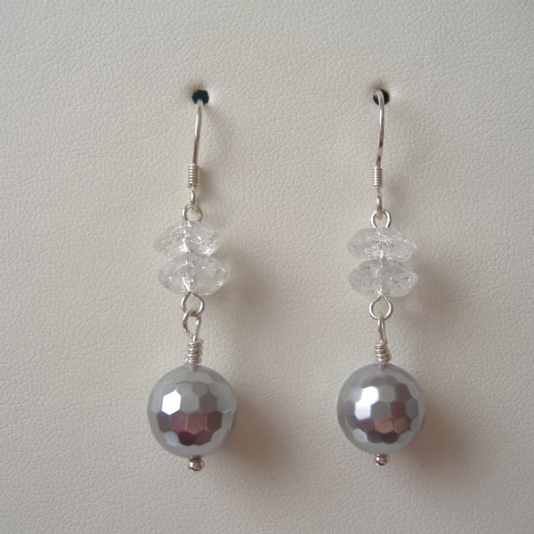 Clear Crackled Quartz & Silver Shell Pearl Earrings - Sterling Silver 